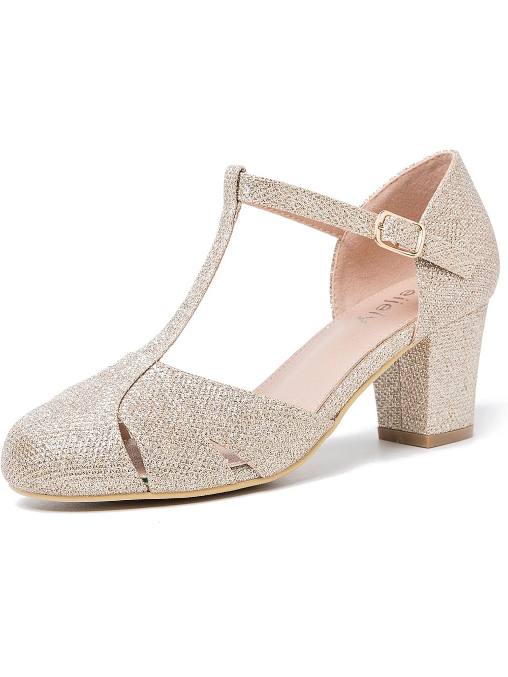 T-Strap Block Heel Pumps, Ankle Buckle Closure, Classic Cut Out Round 6.5. 575-1